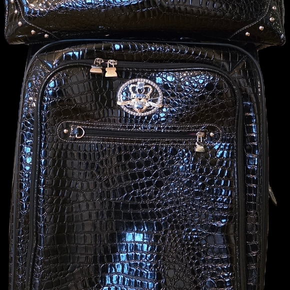 Kathy Van Zeeland Handbags - Kathy Van Zeeland Black Crocodile Embossed Rolling Suitcase + Laptop Bag